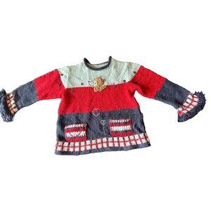 Deux Par Deux Girls Knit Sweater Teddy Bear & Heart Design Red/Navy/Gray 100% Ac